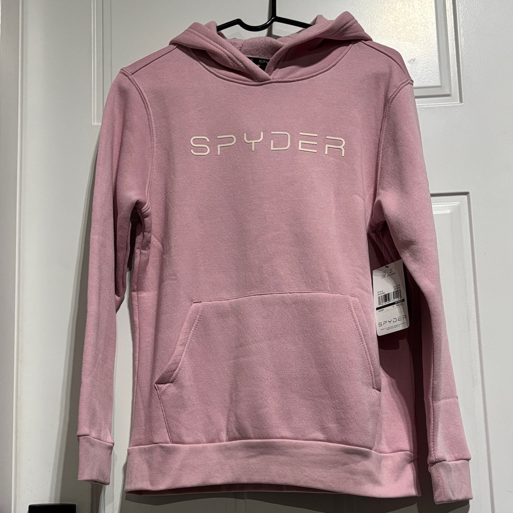 Spyder Pullover Hoodie,fleece lined,pouch pocket,logo chest,rib knit cuff/waist